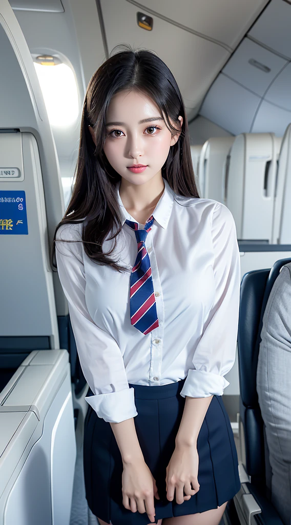 top quality, masterpiece, 8K, Super high resolution, (realistic:1.4), 1 girl、beautiful face、symmetrical eyes、giant 、perfect body proportions、stewardess uniform、clean legs、look at the viewers、(inside the airplane:1.2)、Looking straight ahead、shoulder、absolute area(1.3)、