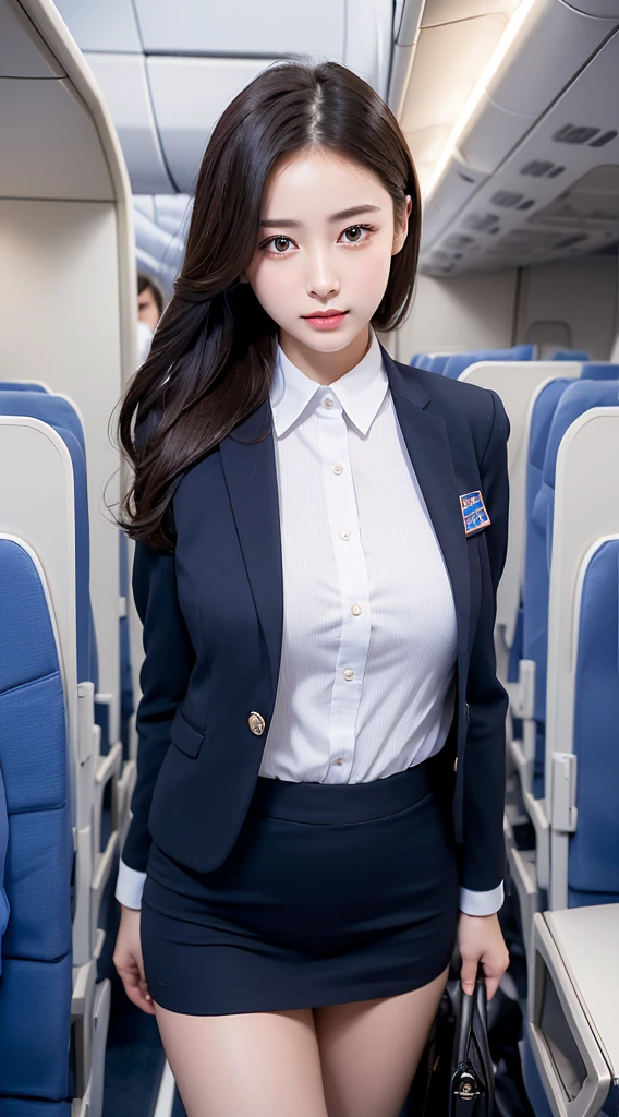 top quality, masterpiece, 8K, Super high resolution, (realistic:1.4), 1 girl、beautiful face、symmetrical eyes、giant 、perfect body proportions、stewardess uniform、clean legs、look at the viewers、(inside the airplane:1.2)、Looking straight ahead、shoulder、absolute area(1.3)、