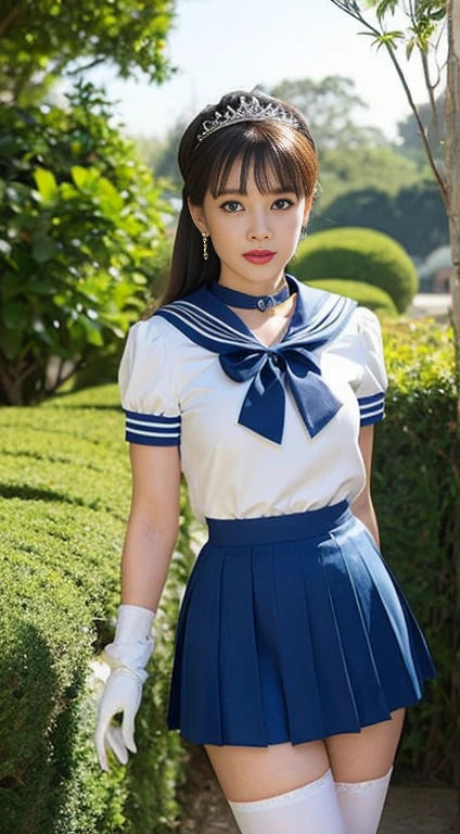 masterpiece, highest quality, High resolution, Realistic, Show more1, tiara, Sailor Warrior Uniform, Blue Skirt, Blue sailor collar, tiara, bow, Knee Boots, choker, White gloves, blue choker, elbow gloves, jewelry, Earrings, Pleated skirt, Cowboy Shot, Garden with lots of blue flowers on background, Arms above head, Angle from below, ((Showing panties:1.3))