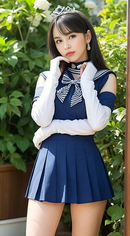 masterpiece, highest quality, High resolution, Realistic, Show more1, tiara, Sailor Warrior Uniform, Blue Skirt, Blue sailor collar, tiara, bow, Knee Boots, choker, White gloves, blue choker, elbow gloves, jewelry, Earrings, Pleated skirt, Cowboy Shot, Garden with lots of blue flowers on background, Arms above head, Angle from below, ((Showing panties:1.3))