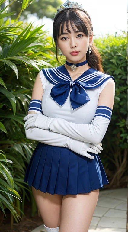 masterpiece, highest quality, High resolution, Realistic, Show more1, tiara, Sailor Warrior Uniform, Blue Skirt, Blue sailor collar, tiara, bow, Knee Boots, choker, White gloves, blue choker, elbow gloves, jewelry, Earrings, Pleated skirt, Cowboy Shot, Garden with lots of blue flowers on background, Arms above head, Angle from below, ((Showing panties:1.3))