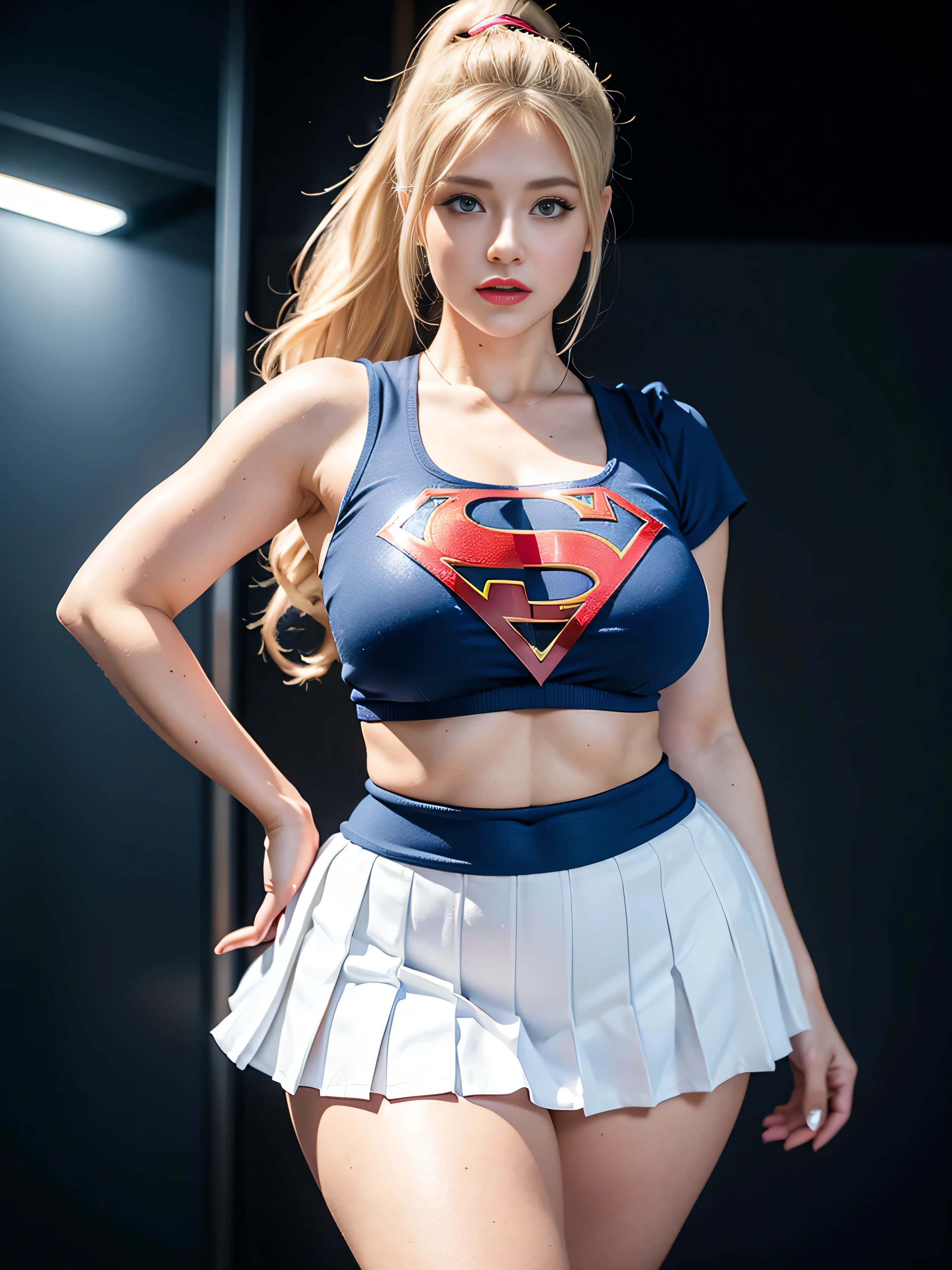 4k, realistic, charismatic, very detailed, there is a girl in the sky, dressed in a super girl costume, she is a super girl, superhero theme, blonde large hair, ponytail, 20 years, full body, (detail in the eyes), (detail in the face), incredibly beautiful, blue eyes, blush, makeup, red lipstick, miniskirt, (wide hips),  (thick thighs), small breasts, dress,, seductive pose, (extreme hourglass figure), thin, svelte, white skirt, boots, tight t-shirt, ((pleated mini skirt))
