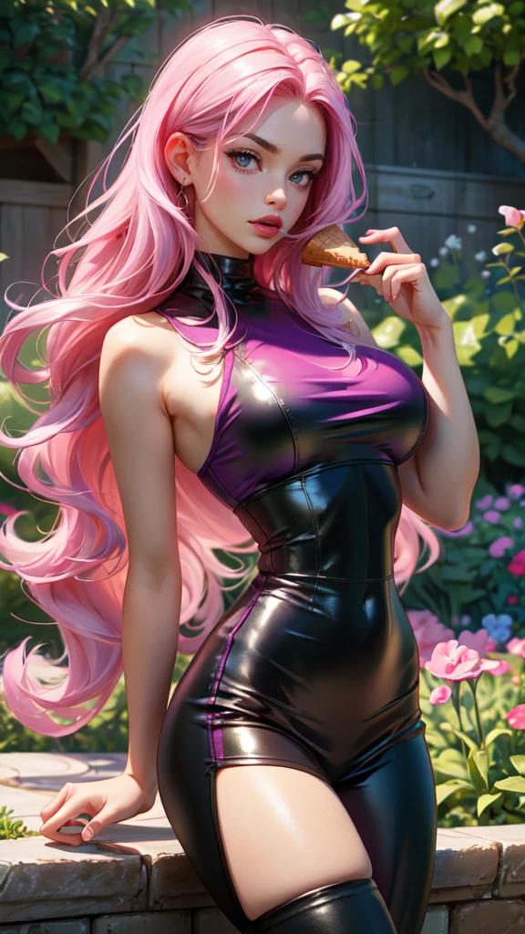 Best quality, Masterpiece, Portrait, Perfect anatomy, Femininity, Cool, Flawless, , Solo, Sexy, Stylish, Mature, Purple eyes, Long light pink hair, Mole above lip, Red lipstick, Big breasts, pink top and leather leggings, sexy eating ice cream, in the garden, tongue licking ice cream