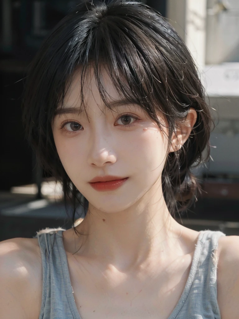 (Skin details:1.4), (smooth skin textures:1.3), Lipstick, background,海滩background, Looking at the audience,earrings, serene, calm, (Realistic and detailed eyes:1.2), Natural skin texture, Realistic facial details, Soft dramatic lighting, Vivid details, 35 mm film, outdoor, (Photo Practical:1.4), (hyper Practical:1.4), (Practical:1.3), (Smoother lighting:1.05), (Improve lighting quality:0.9), (Highest quality real skin textures:1.4), Exquisite eyes, Delicate face, Close-up of face, (Enhance the beauty of skin texture:1.1), Hair details, Vest,normal body ratio, short hair, Moles under the eyes, thinking, A faint smile,公园background,Portrait Photography, Depth of Field, Bokeh, Surrealism, Ray Tracing, (Portrait Photography:1.1), Surrealism, High Detail, Chiaroscuro, Ray Tracing, reflected light, Ultra HD, Ultra HD, masterpiece, Textured Skin, Super Detail, High Detail, high quality, best quality
