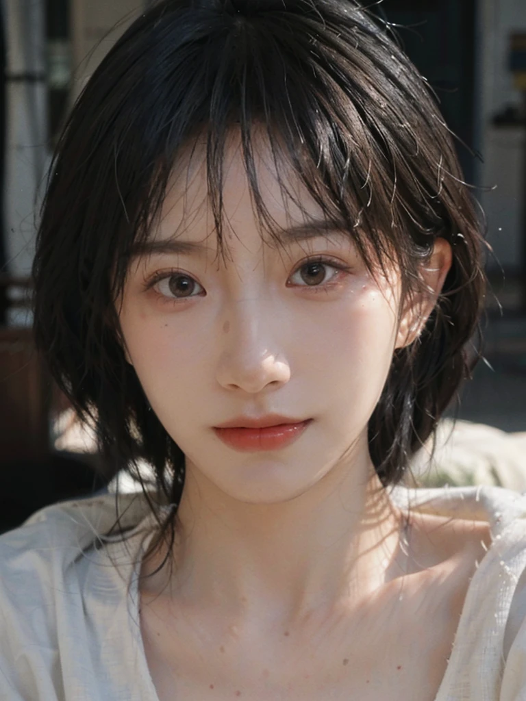 (Skin details:1.4), (smooth skin textures:1.3), Lipstick, background,海滩background, Looking at the audience,earrings, serene, calm, (Realistic and detailed eyes:1.2), Natural skin texture, Realistic facial details, Soft dramatic lighting, Vivid details, 35 mm film, outdoor, (Photo Practical:1.4), (hyper Practical:1.4), (Practical:1.3), (Smoother lighting:1.05), (Improve lighting quality:0.9), (Highest quality real skin textures:1.4), Exquisite eyes, Delicate face, Close-up of face, (Enhance the beauty of skin texture:1.1), Hair details, Vest,normal body ratio, short hair, Moles under the eyes, thinking, A faint smile,公园background,Portrait Photography, Depth of Field, Bokeh, Surrealism, Ray Tracing, (Portrait Photography:1.1), Surrealism, High Detail, Chiaroscuro, Ray Tracing, reflected light, Ultra HD, Ultra HD, masterpiece, Textured Skin, Super Detail, High Detail, high quality, best quality