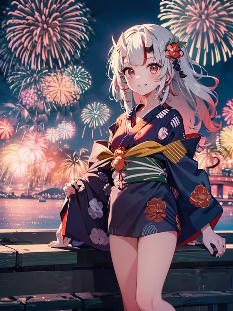 (masterpiece, Highest quality, Super detailed),One girl,((super fine illustration)),((cute eyes,highly detailed skin)),((smile)),((well endowed,Blessed,Captivating body、Detailed Background))、(yukata:1.5),firework,(大量のfirework,Night view,Ocean)、Festivals, (full body)