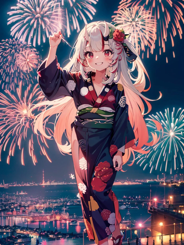 (masterpiece, Highest quality, Super detailed),One girl,((super fine illustration)),((cute eyes,highly detailed skin)),((smile)),((well endowed,Blessed,Captivating body、Detailed Background))、(yukata:1.5),firework,(大量のfirework,Night view,Ocean)、Festivals, (full body)