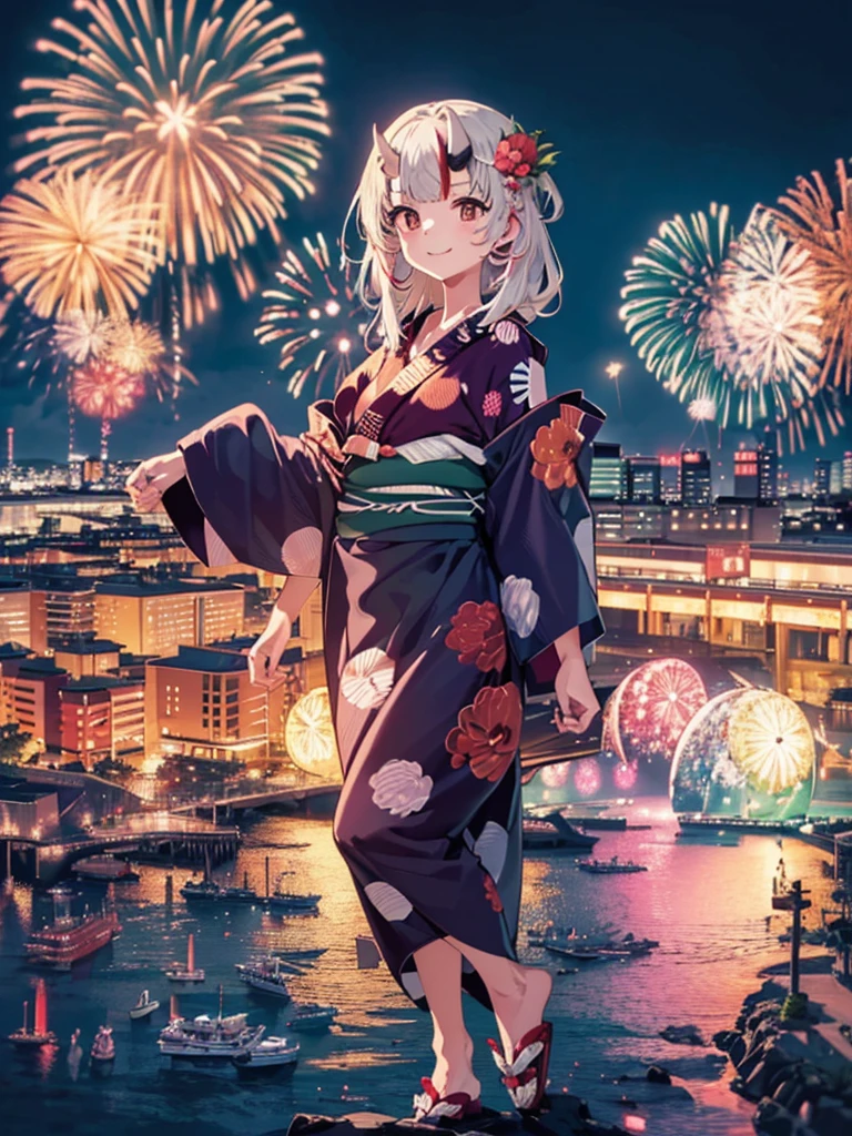 (masterpiece, Highest quality, Super detailed),One girl,((super fine illustration)),((cute eyes,highly detailed skin)),((smile)),((well endowed,Blessed,Captivating body、Detailed Background))、(yukata:1.5),firework,(大量のfirework,Night view,Ocean)、Festivals, (full body)