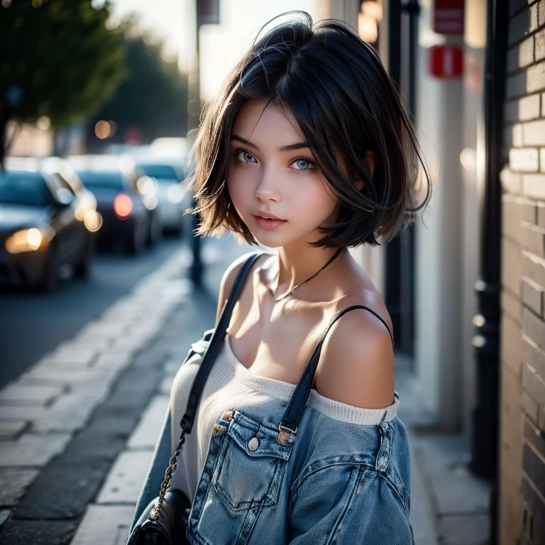 1 girl, short hair with blue highlights, perfect hands, perfectbody, sensuous, walking around the city, the eyes, white shirt, sutien white, jeans,  White sneakers, (( fully body, from the front to the camera, gazing at viewer ), standing alone, Short black hair with blue highlights, blue colored eyes, perfectbody, Hair behind the ear, hair over eyes, looking at the camera, black hair, hair behind ear, short hair, open mouth, 