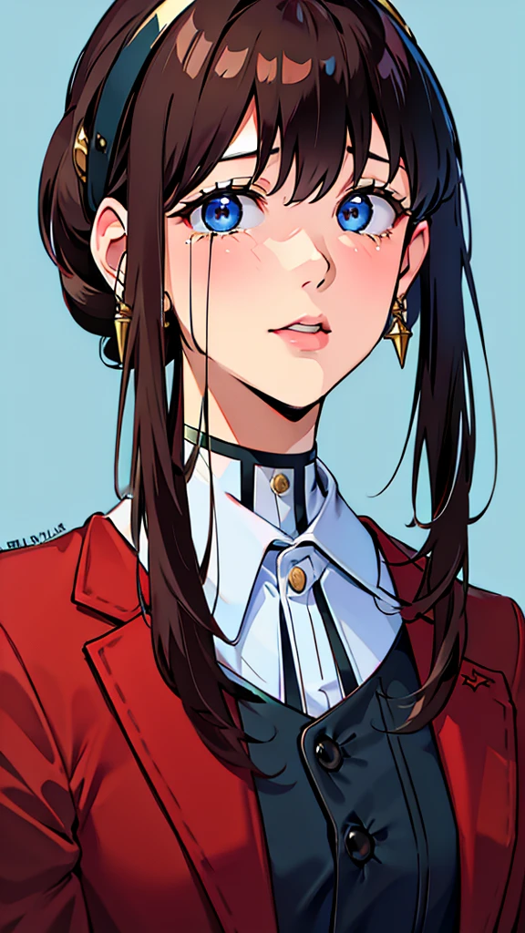 Adult, long brown hair with bangs, blue eyes, crying