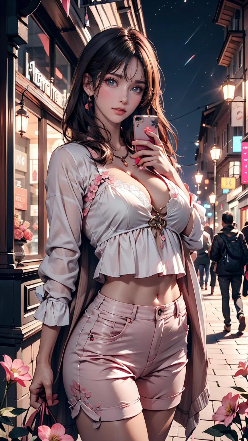 Beautiful woman, Lighted street at night, Fidgeting with smartphones, hot pants, Fragrant pink flowers, Passersby, Night view gradation, Fine details, Subtle Tones, Silence on the screen、24-year-old woman、Sexy proportions、Sexy、Narrow waist