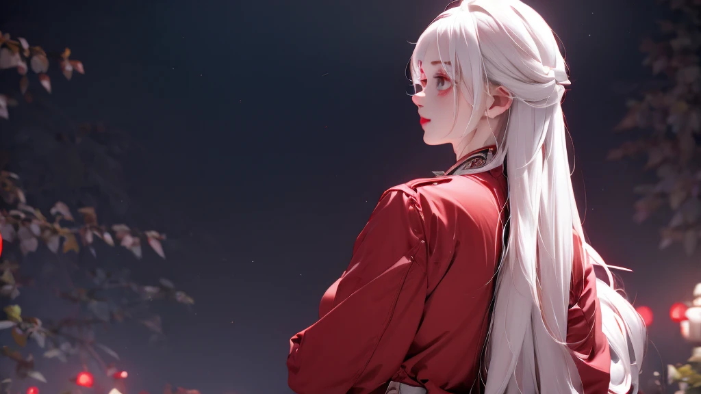 1 Girl, medium light white hair, light white eyes, wearing Red Suit 4D , night TOWN 18+, high res, ultrasharp, 8K, masterpiece, looking from behind