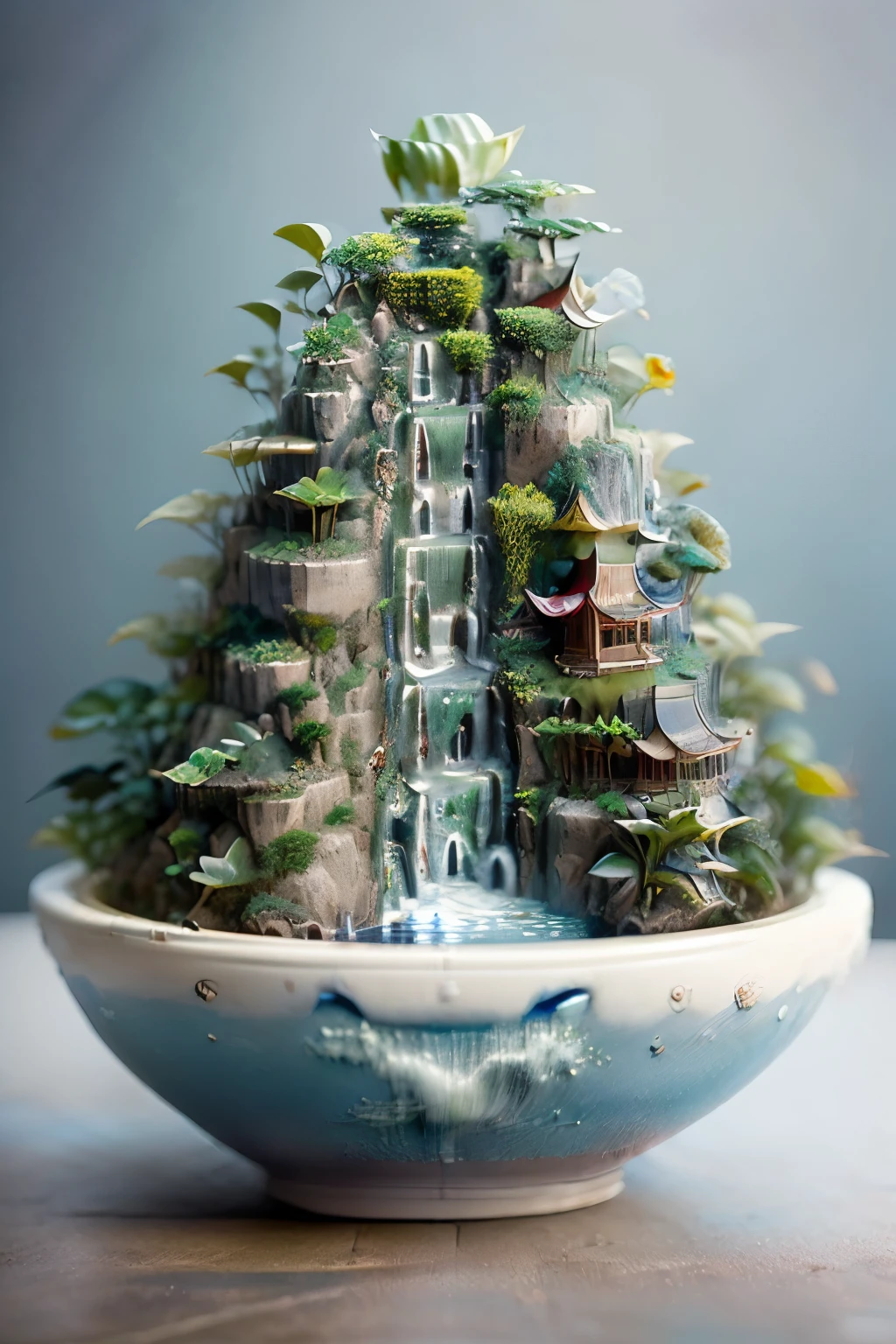 One girl,(exit carving potted),water,waterfall,Pool,Lotus,cherry,colorful trees,High detail,Sharp focus,whole body,(close),Realistic details,miniature sculpture,(exit:1.3),3D,3d,Blender,C4D,(masterpiece, 最high quality, high quality, High resolution, Super detailed),