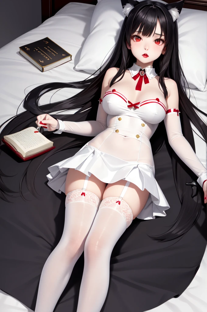 1 girl、Detailed facial details,,Handcuffs,Collar,Cat ear,Black long hair,Red lips,Slim,Wearing white pajamas,White short skirt,White garter stockings,Large Breasts,Charming red eye,Handcuffs,collar,Radiant Skin,Book in hand,Lying in bed,bedroom