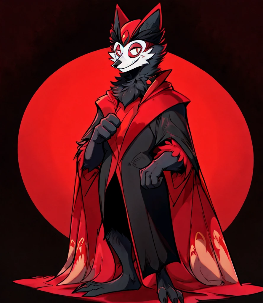 Stolas \(Helluva Boss\), By Haps, black headwear, cape, full body, fur collar, fur trim, gloves, hat, looking at viewer, mask, red cape, red eyes, smile, solo, standing, transparent background