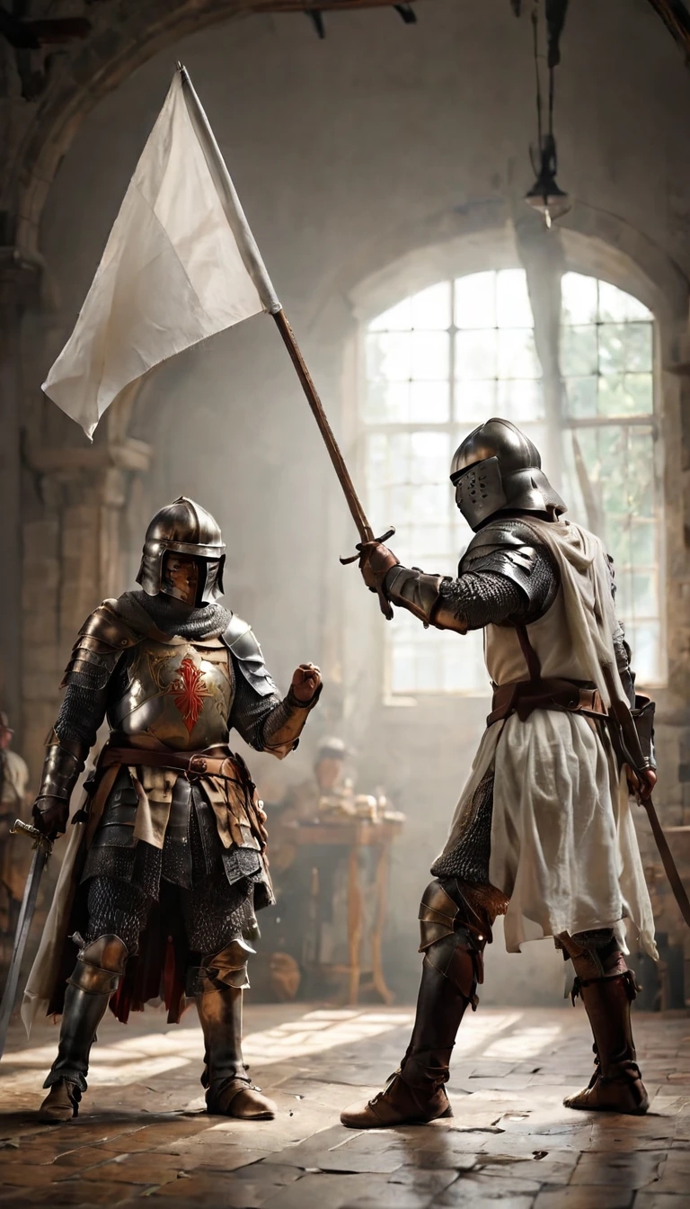 Two knights in a duel, with one laying down his sword and raising a white flag,  holding a white flag, hyper realistic, ultra detailed hyper realistic, photorealistic, Studio Lighting, reflections, dynamic pose, Cinematic, Color Grading, Photography, Shot on 50mm lens, Ultra-Wide Angle, Depth of Field, hyper-detailed, beautifully color, 8k, golden light from the front,