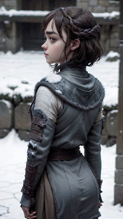 8k, Maisie Williams face, beautiful face, game of thrones character model, smiling, pale white skin, toned abs, small breast, round ass, tight ass, tight asshole, tight pussy, virgin pussy, her round ass visible, tied long brown hair, Maisie Williams as Arya Stark, torn ragged peasant dress, standing stance, winterfell city in background, snowing, back View, sharp focus on her ass