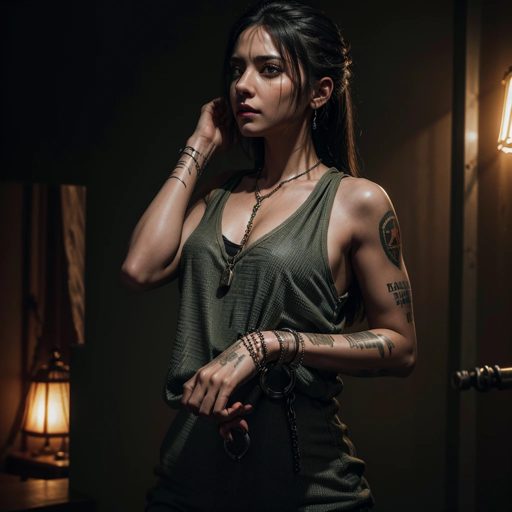 1girl, prison outfit, criminal, antagonist, chains, handcuffs, prison, intricate, detailed, (best quality,4k,8k,highres,masterpiece:1.2),ultra-detailed,(realistic,photorealistic,photo-realistic:1.37),HDR,UHD,studio lighting,ultra-fine painting,sharp focus,physically-based rendering,extreme detail description,professional,vivid colors,bokeh,portraits,horror,dark,moody,dramatic lighting