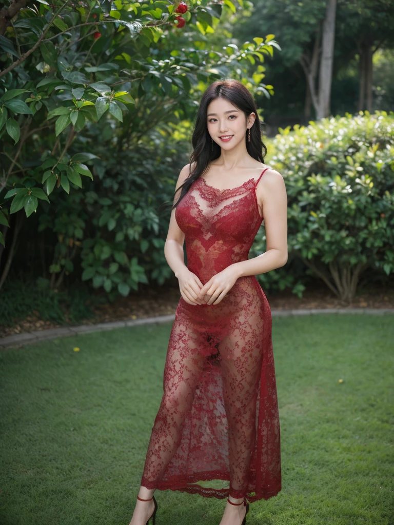 最high quality, 8K, Masseter area, Energetic, Clear focus, high quality, high resolution, Delicate face, Fine particles, thick lips, (Looking at the audience), Solitary, Beautiful woman, 38 years old, Plum, Black long hair,  (Light red off-neck spaghetti strap lace dress:1.5), afternoon、In front of the park garden,（Standing in the park：1.5）、((Smile:1.5))、((Wearing black high heels))，Tall