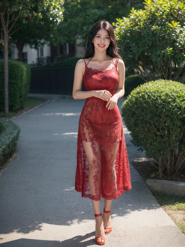 最high quality, 8K, Masseter area, Energetic, Clear focus, high quality, high resolution, Delicate face, Fine particles, thick lips, (Looking at the audience), Solitary, Beautiful woman, 38 years old, Plum, Black long hair, (Light red off-neck spaghetti strap lace dress:1.5), afternoon、In front of the park garden,(Standing in the park:1.5)、((Smile:1.5))、((Wearing black high heels)),Tall
