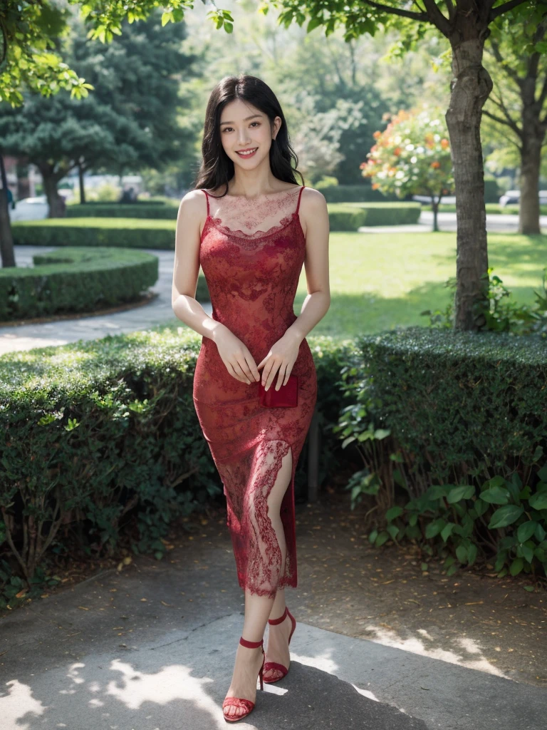 最high quality, 8K, Masseter area, Energetic, Clear focus, high quality, high resolution, Delicate face, Fine particles, thick lips, (Looking at the audience), Solitary, Beautiful woman, 38 years old, Plum, Black long hair,  (Light red off-neck spaghetti strap lace dress:1.5), afternoon、In front of the park garden,（Standing in the park：1.5）、((Smile:1.5))、((Wearing black high heels))，Tall