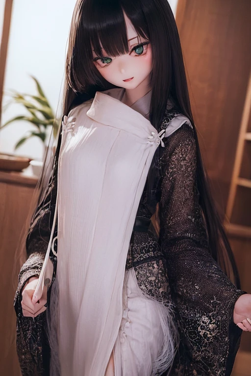 (SFW:2), photorealistic, realistic photo, ((highest quality)), ((masterpiece)), ((extremely detailed)), kukolnydom, doll, (mature woman:1.6), solo, ((cowboy shot, standing, skinny, slender, slim, kimono, obi, hair ornament)), green eyes, parted lips, (black hair, long hair, looking at another, blank eyes, empty eyes, detailed eyes, detailed clothes:1.3), Japanese room, 8k