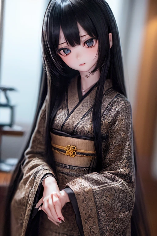 (SFW:2), photorealistic, realistic photo, ((highest quality)), ((masterpiece)), ((extremely detailed)), kukolnydom, doll, (mature woman:1.6), solo, ((cowboy shot, standing, skinny, slender, slim, kimono, obi, hair ornament)), green eyes, parted lips, (black hair, long hair, looking at another, blank eyes, empty eyes, detailed eyes, detailed clothes:1.3), Japanese room, 8k