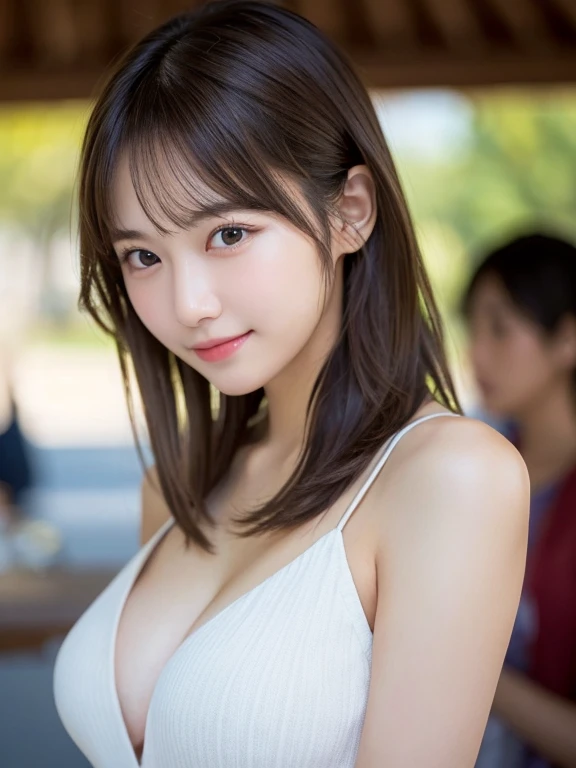 (​masterpiece:1.3), (8K, Photorealsitic, Raw photography, Top image quality: 1.4), 1 Japan High School Girl、hair messy, asymmetrical bangs, light brown hair、cleavage of the breast:1.2、Super Detail Face、Eye of Detail、double eyelid、Bring your chest together、sharp focus:1.2、prety woman:1.4、light brown hair、top-quality、​masterpiece、超A high resolution、(Photorealsitic:1.4)、Highly detailed and professional lighting smile、slender、Armpits, Sweat, girl、Fatal position、Nogizaka Idol、Korean Idol、hposing Gravure Idol、actress、25-years old、tall, Glamour、flank、full body