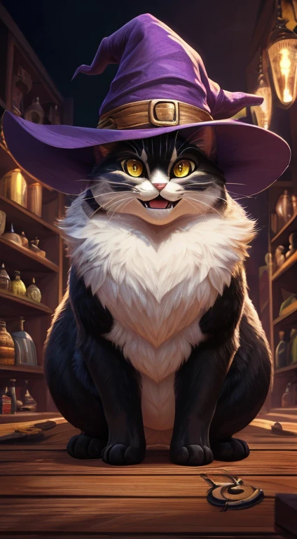 top quality, best quality, super high resolution, detailed background(highly detailed beautiful face and eyes)absurdres, perfect anatomy((smug 1cat, feral, solo focus, fat cat))(four-legged:1.7)((((feral body, feline facial features, feline body features))))((very detailed body fur))full body(dignified), witch, smug, witch shop, fat, gigantic, volumetric lighting, depth of field, looking down at viewer, hungry, from below,  big cat,feral body,fat feral, four legs, not bipedal, feral cat, fat, fat belly, fat thighs, fat legs, fat face, lovehandles, golden eyes, black fur, white neck fur, white chest fur, no hair, sharp teeth, wearing purple witch hat, inside witch shop, (((masterpiece,best quality,ultra-detailed))),1cat,solo,detailed face,yiff,(((Three-point lighting,,dark color background))),((golden eyes,solid eyes)),(smirking,Gradient,from below:1.236),feral cat, fat, fat belly, fat thighs, fat arms, lovehandles, golden eyes, open mouth showcasing fangs and throat