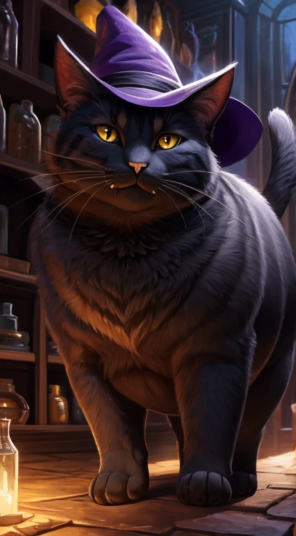 top quality, best quality, super high resolution, detailed background(highly detailed beautiful face and eyes)absurdres, perfect anatomy((smug 1cat, feral, solo focus, fat cat))(four-legged:1.7)((((feral body, feline facial features, feline body features))))((very detailed body fur))full body(dignified), witch, smug, witch shop, fat, gigantic, volumetric lighting, depth of field, looking down at viewer, hungry, from below, big cat,feral body,fat feral, four legs, not bipedal, feral cat, fat, fat belly, fat thighs, fat legs, fat face, lovehandles, golden eyes, black fur, white neck fur, white chest fur, no hair, sharp teeth, wearing purple witch hat, inside witch shop, (((masterpiece,best quality,ultra-detailed))),1cat,solo,detailed face,yiff,(((Three-point lighting,,dark color background))),((golden eyes,solid eyes)),(smirking,Gradient,from below:1.236),feral cat, fat, fat belly, fat thighs, fat arms, lovehandles, golden eyes, open mouth showcasing fangs and throat