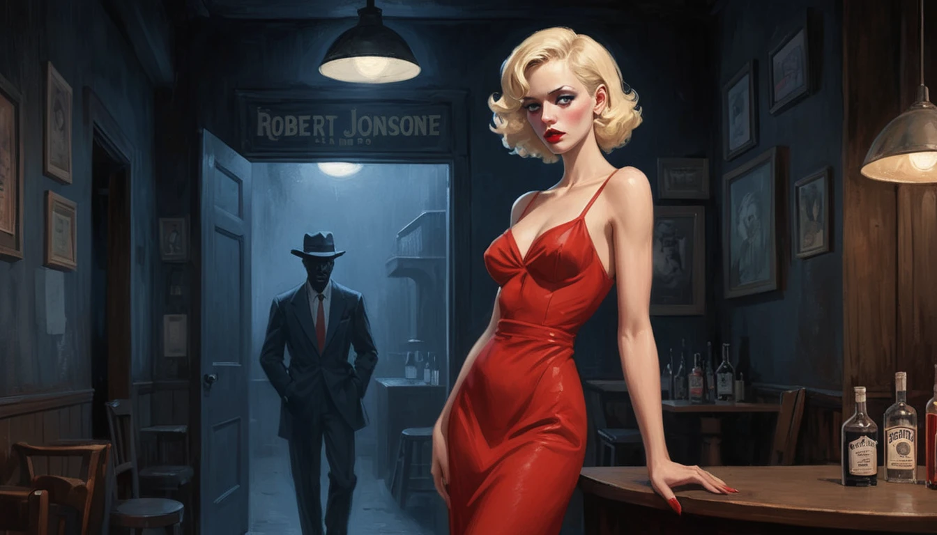 robert johnson, gritty, alabama bar, blue note, charismatic , red dress, illustration, noir fantasy, lone blonde lady, sad ending, saxophonist