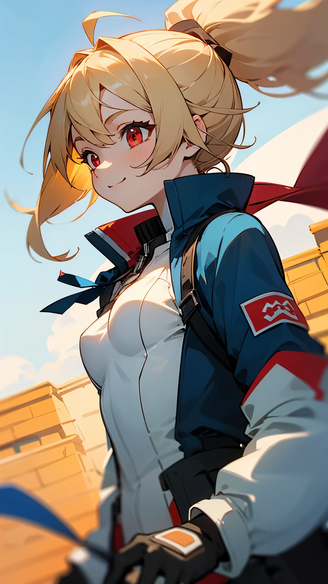 (Highest quality、Ultra-fine、Genuine)、Genki Girl、Small breasts、Riders jacket、blonde、Red Eye、ponytail、Ahoge、From the side、gloves、Bright smile、Building roof、Blowing in the Wind、blue sky、Upper body close-up、Sharp contours