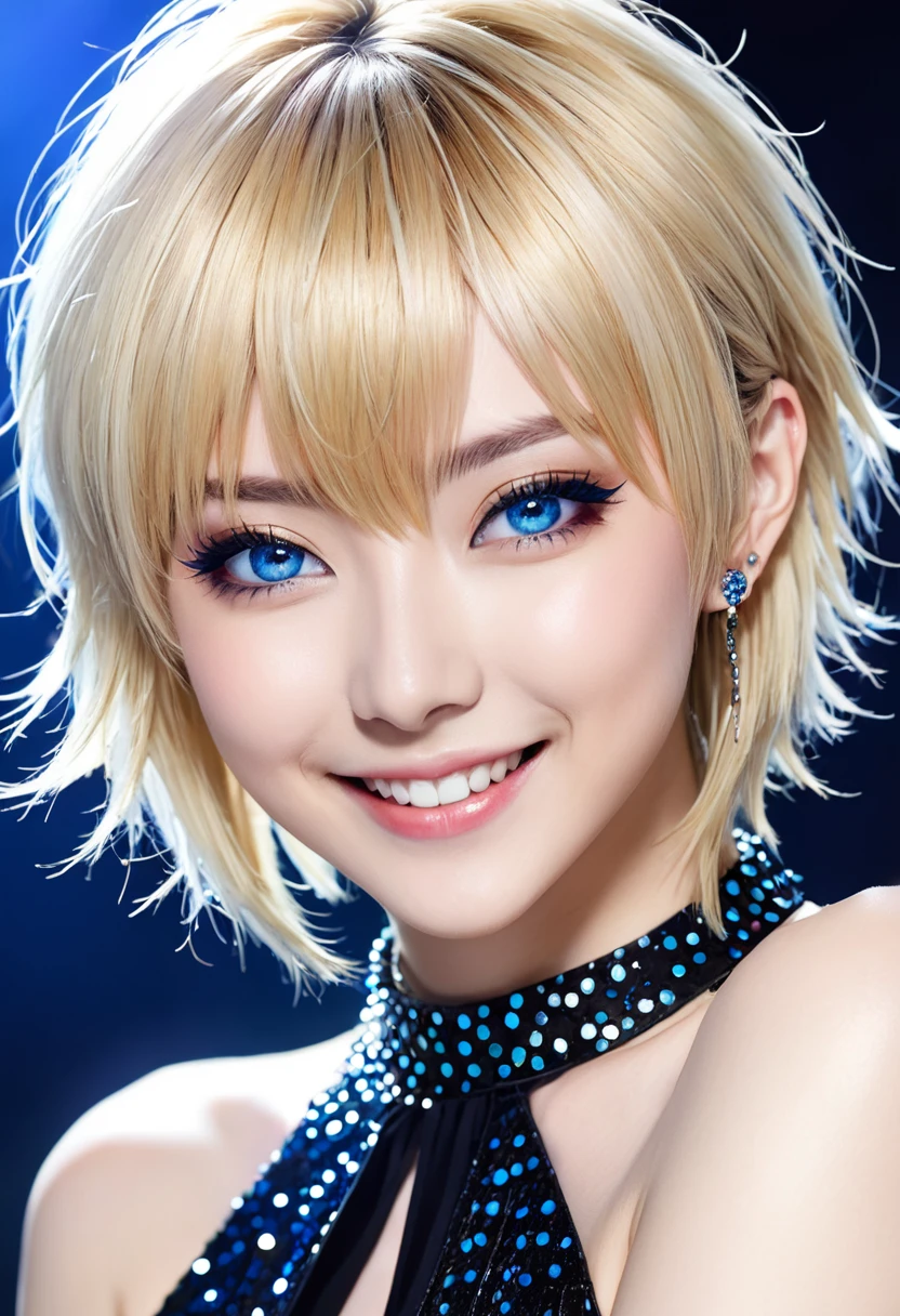 Ultra-high resolution,(Realistic:1.4), ((Highest quality)), ((masterpiece)), Blonde,Short Hair、Flowing bangs、blue eyes,Cool women,Musician、Close-up、adultの歳,Short bangs,Cool piercings,Bright smile、Sparkling、Sidelong glance、Alluring、adult、looks strong、Visual Kei、Handsome、HYDE