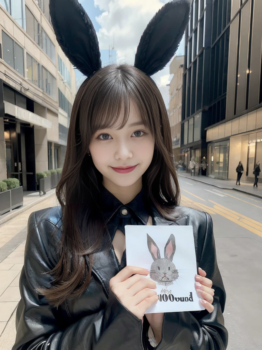 Create a portrait of a beautiful woman,  (She is holding a board with "100 Followers" written on it), wearing black bunny ears and a black leather outfit. Smiling slightly