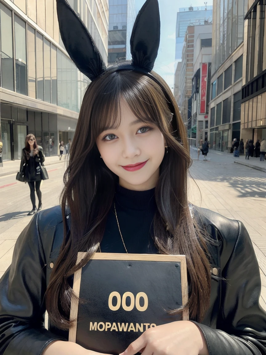 Create a portrait of a beautiful woman, (She is holding a board with "100 Followers" written on it), wearing black bunny ears and a black leather outfit. Smiling slightly