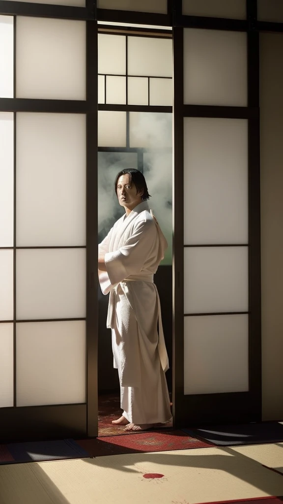 (A handsome warlord who looks like a model:1.4)、50 years old、(Oda Nobunaga:1.4)、(Beautiful and sophisticated、Oda Nobunagaの顔:1.4)、(Honnoji no hen:1.4)、Samurai、(Demonic face:1.4)、(White robes:1.4)、血のりのついたWhite robes、knifeを持って戦う:1.4)、 alone, Long Hair,( One handsome warlord:1.2), Male Focus, White kimono, White kimono, scar, knife, (A large Japanese-style room engulfed in flames、tatami、Sliding doors、Shoji screen:1.4)、(Honnoji no henのシーン:1.2)、 (Upper Body:1.4)、(Front facing:1.5)