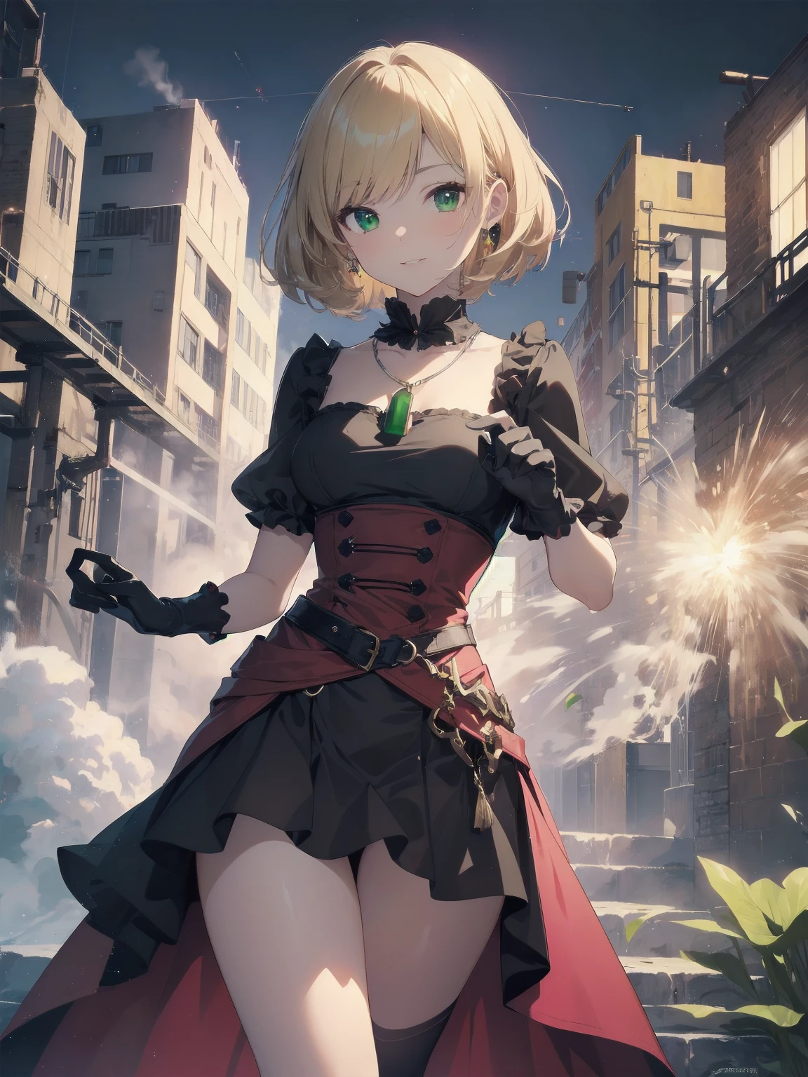 (masterpiece:1.2), (Highest quality:1.2), Ultra-high resolution, Very detailed, break, ((Anime girl standing with happiness in her hands)), Clear Girl, (1 person,Lolita,boyish, , 6 years old:1.3), A light smile, , girl who looks like a boy, Bob cut hair, ((Blonde Hair)), Messy Hair, A super-sized chest overflowing with soft fat masses、Waistline、Slender body, Small Ass, Small green eyes,Fine and beautiful eyes, Well-proportioned iris and pupil, Expressive eyes, Beautiful and detailed lips, High resolution detailed hair, Perfect Eyes, Perfect Face, ultra high density skin, Full Finger, Perfect lighting, break, ((Light green necklace)), ((Black and red luxury dress:1.3)), light green tie, Sparkling Sapphire, Lady, Wear white gloves, break, (steampunk), Castle balcony, Skyscraper, Night view, Equipment, pipe, (Steam spewing out from pipes:1.2), Fantasy, break, ((Positive:1.3)), break, Digital anime art,Anime style illustrations,Anime illustration