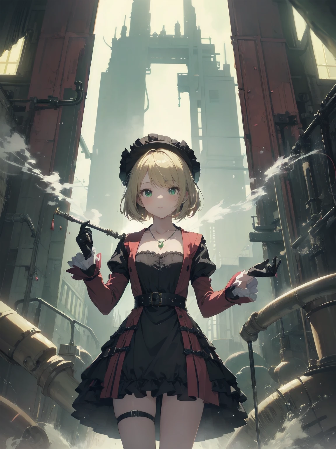(masterpiece:1.2), (Highest quality:1.2), Ultra-high resolution, Very detailed, break, ((Anime girl standing with happiness in her hands)), Crazy girl, (1 person,Lolita,boyish, , 12 years old:1.3), A light smile, , girl who looks like a boy, Bob cut hair, ((Blonde Hair)), Messy Hair, A super-sized chest overflowing with soft fat masses、Waistline、Slender body, Small Ass, Small green eyes,Fine and beautiful eyes, Well-proportioned iris and pupil, Expressive eyes, Beautiful and detailed lips, High resolution detailed hair, Perfect Eyes, Perfect Face, ultra high density skin, Full Finger, Perfect lighting, break, ((Light green necklace)), ((Black and red luxury dress:1.3)), light green tie, Sparkling Sapphire, Lady, Wear white gloves, break, (steampunk), Castle balcony, Skyscraper, Night view, Equipment, pipe, (Steam spewing out from pipes:1.2), Fantasy, break, ((Positive:1.3)), break, Digital anime art,Anime style illustrations,Anime illustration