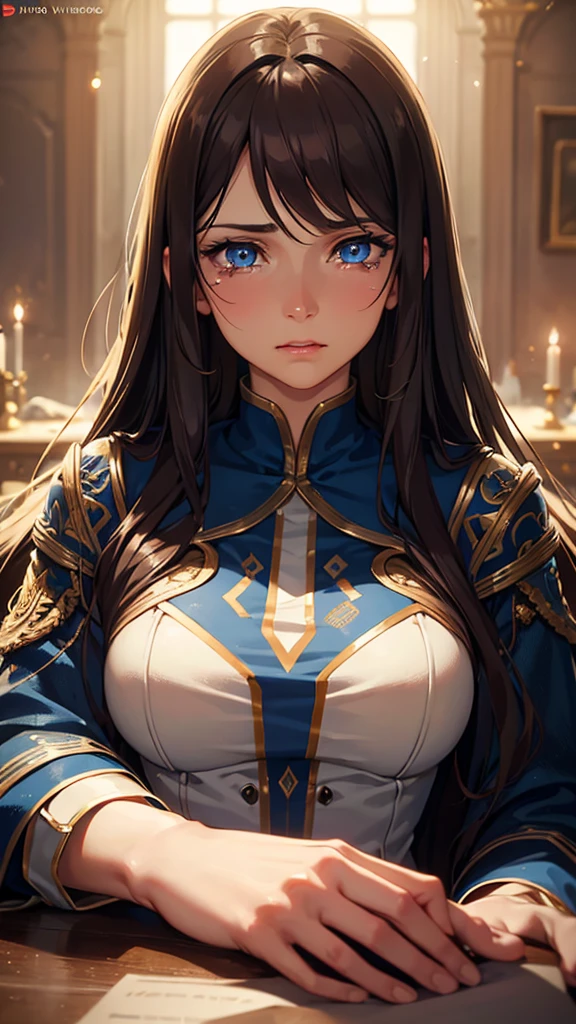 a beautiful woman with long brown hair and bangs, blue eyes, crying, highly detailed, photorealistic, 8k, stunning lighting, emotional portrait, dramatic lighting, expressive eyes, detailed facial features, realistic skin texture, cinematic composition, moody color palette, film grain effect