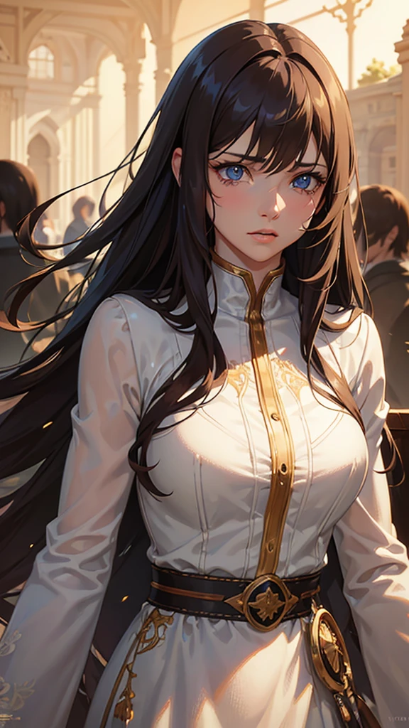 a beautiful woman with long brown hair and bangs, blue eyes, crying, highly detailed, photorealistic, 8k, stunning lighting, emotional portrait, dramatic lighting, expressive eyes, detailed facial features, realistic skin texture, cinematic composition, moody color palette, film grain effect