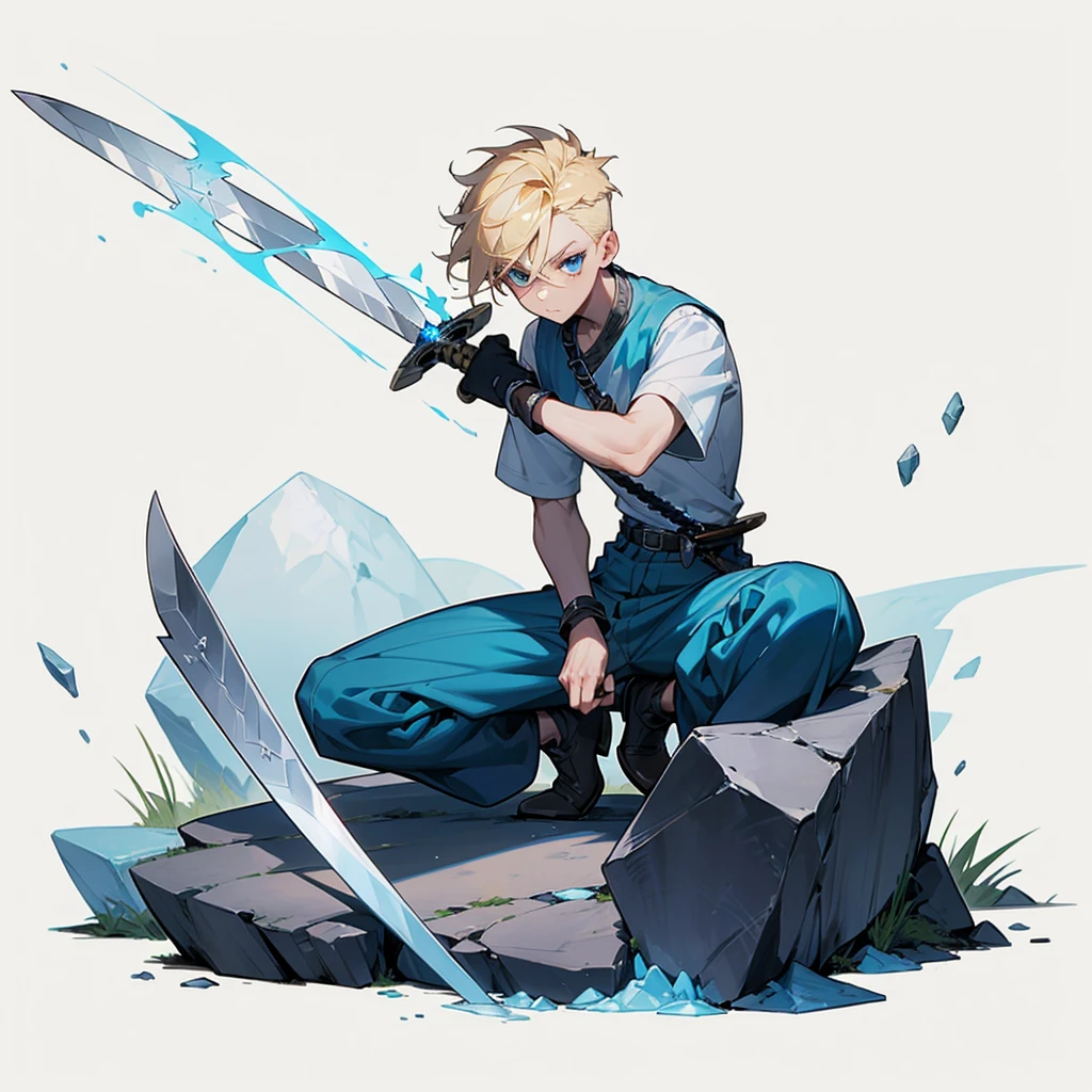 1character, Full body version, Viking boys, boys, albino skins, blue eyes, faux hawk hair, blonde colour hair, blue short sleeve shirt, blue trousers, ((long sword in hand, the pose is cutting a large rock into two)), Grassroots