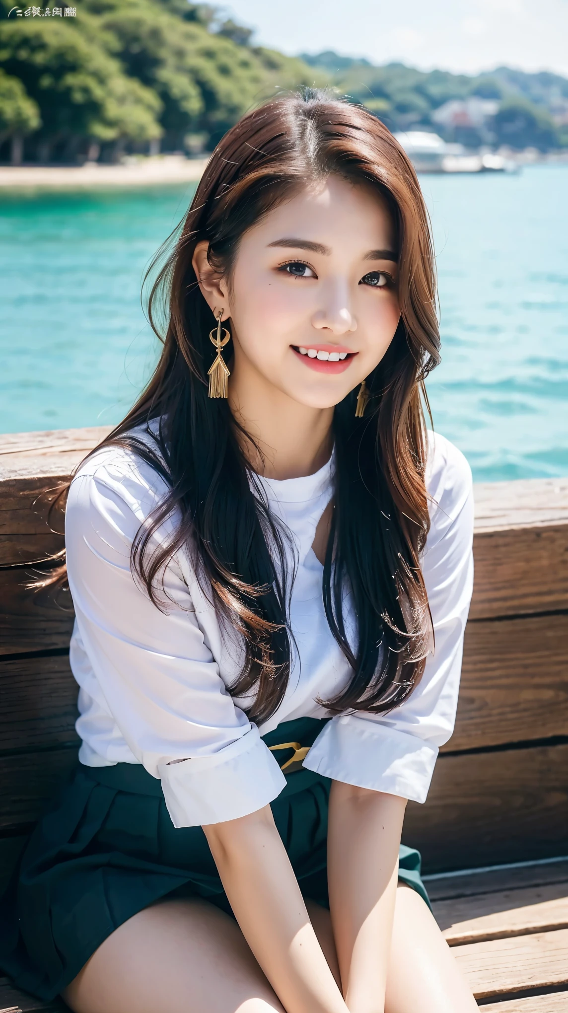 (8K), (best quality: 1.2), (realistic), (realistic: 1.37), ultra high resolution, 1 girl, cute, laugh, closed mouth, beautiful details, beautiful nose, wet hair, red lip,small earrings,huge two cells, pork, thighs,Self Snap,College student ,sunny day,I can see the sea,sitting on bench,cross one's legs,look down,from above,(Simple light brown blazer 1),(dark brown pleated skirt),(dark red bow tie),(The pattern of the skirt and tie is a tartan check pattern....:1.3),濡れたthighs,Knee High Tights,(thighsにクローズアップ1)