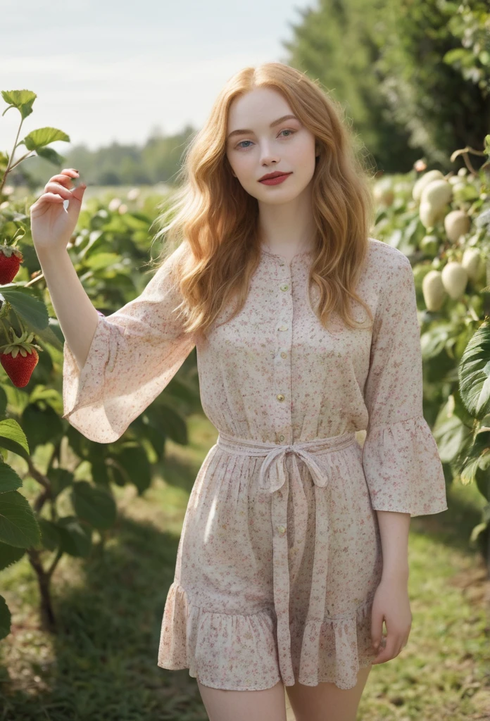A young woman with a pear-shaped body, ((narrow shoulders)), small breasts, ((narrow waist)), ((wide hips, and full, rounded thighs)). She has smooth, pale skin, long wavy strawberry blonde hair, large almond-shaped hazel eyes with thick dark lashes, a heart-shaped face, high cheekbones, a small upturned nose, and full rosy lips, arms raised, floral