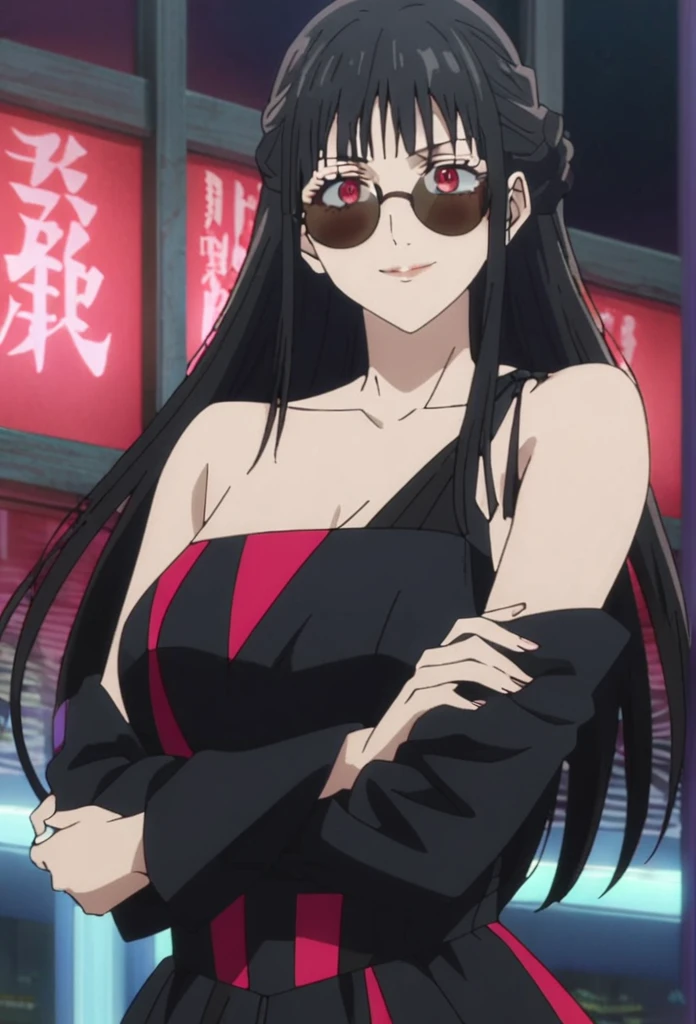 1girl, female gojo satoru, anime screencap from jujutsu kaisen, gojo satoru female version, solo, long_hair, red eyes ((black_hair)), night view, breasts, upper_body, smile, indoors, book, bangs, blue_eyes, lips, (wearing round sunglasses) , ((her hairstyle : The character in the image has long straight black hair)) wearing black color party dress, bare shoulder, breast, "very detailed and high resolution" (red eyes) ((cross arms))  ((long hair)) ((solo))