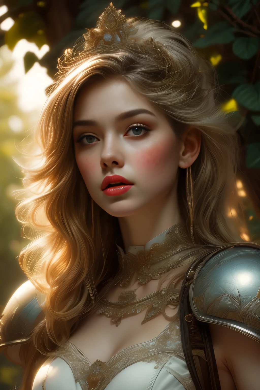 Full body portrait、Medieval Fantasy Princess:1.3、Exquisitely detailed skin、Detailed facial features、Beautifully detailed eyes、Beautifully detailed lips、Highly detailed face、Long eyelashes、blonde、Very beautiful hair、Flowing Hair、Big Breasts、Narrow waist、Big Butt、Ideal proportions、Princess Pose:1.3、Facing forward、Light white dress、Leather Armor、The background is deep in the forest、sunset、wood々Overgrown and dim、Detailed Background、(Highest quality、8K、High resolution、masterpiece:1.2)、Super detailed、(Real、Photorealistic、Photorealistic:1.37),