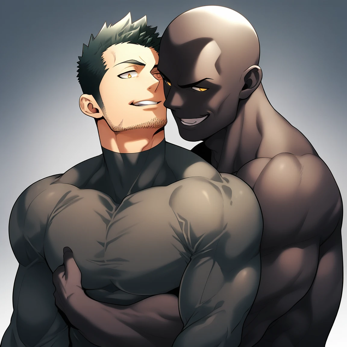 anime characters:Two superheroes in tights, Priapus and Muscle skinhead superhero, negro black skin, They hugged and kissed each other, Bite your neck, Caress, Manliness, male focus, Yellow and black high collar long sleeve tight T-shirt, Slightly transparent material, Very tight, Round, full and perky chest muscles, Muscle waist, Slightly transparent, muscular male, muscular, only, Upper body, alone, Black short hair, Thick eyebrows, stubble, Yellow eyes, Grey background, simple background, amazing quality, best aesthetics, Ridiculous, bright pupils, crew cut, parted lips, seductive smile, torogao, naughty face, drop shadow, best quality