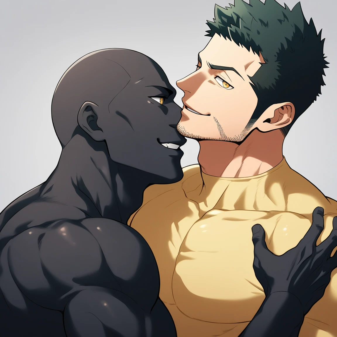 anime characters:Two superheroes in tights, Priapus and Muscle skinhead superhero, negro black skin, They hugged and kissed each other, Bite your neck, Caress, Manliness, male focus, Yellow and black high collar long sleeve tight T-shirt, Slightly transparent material, Very tight, Round, full and perky chest muscles, Muscle waist, Slightly transparent, muscular male, muscular, only, Upper body, alone, Black short hair, Thick eyebrows, stubble, Yellow eyes, Grey background, simple background, amazing quality, best aesthetics, Ridiculous, bright pupils, crew cut, parted lips, seductive smile, torogao, naughty face, drop shadow, best quality