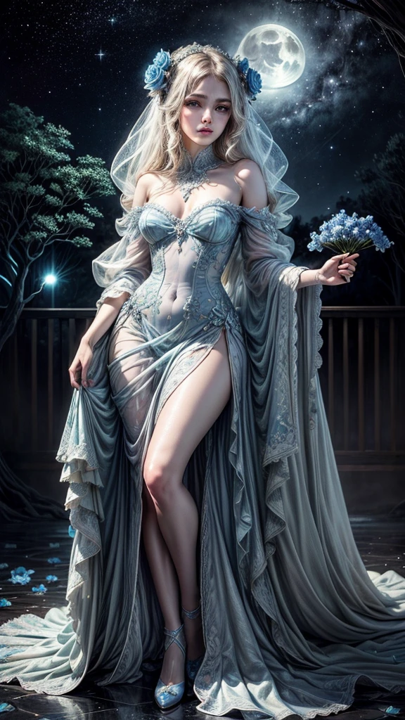 cara detallada, well-defined beautiful girl close-up, full body, slight smile, filigree, ultra highly detailed, mannerism, surrealism digital painting, by Marc Todd, Nicoletta Ceccoli, Ray Caesar, WLOP, close up half water transparent luminous nymph half blue rose, swirling blue rose vines, trees big blue closed rose flowers, moon, moonlight, detailed night sky with stars and clouds, lavish green leaves, garden, blossoming, stars, sparks, Van Gogh starry sky, celestial glowing, glowing aura, mystical, water drops, highly detailed, intricated, intricated pose, complex background, oil painting, thick strokes, mannerism, vibrant colors, masterpiece, high quality, 32k, best quality, vestido transparente sexi, senos pequeños, panti transparente, ojos dorados, pose sensual, pesones rosados, mostrando vagina, dama semi desnuda, full
body