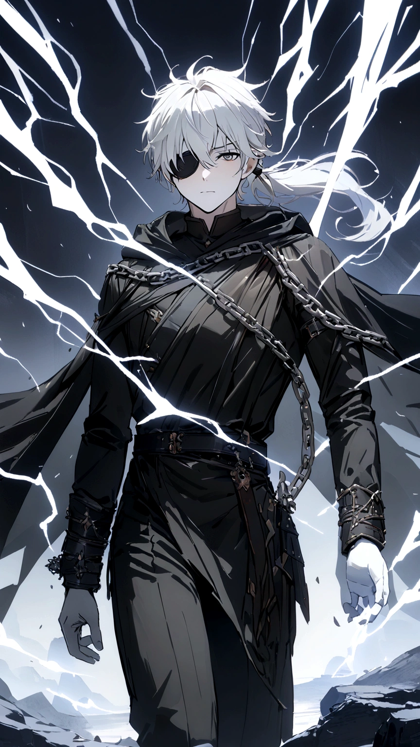 Anime character. A man, he was medieval. 27 years old, large body, cold gaze, cold expression, white skin, short and messy gray hair, ponytail, left eye patch, black clothes, black shirt, dark cape with hood, several chains. frontal camera. Walking under the red moonlight. White electricity emanating from his body, black electricity emanating from his left hand. Iris of the right eye glowing white. Thunderous white lightning. (best quality, 4k, 8k, high resolution, masterpiece: 1.2)