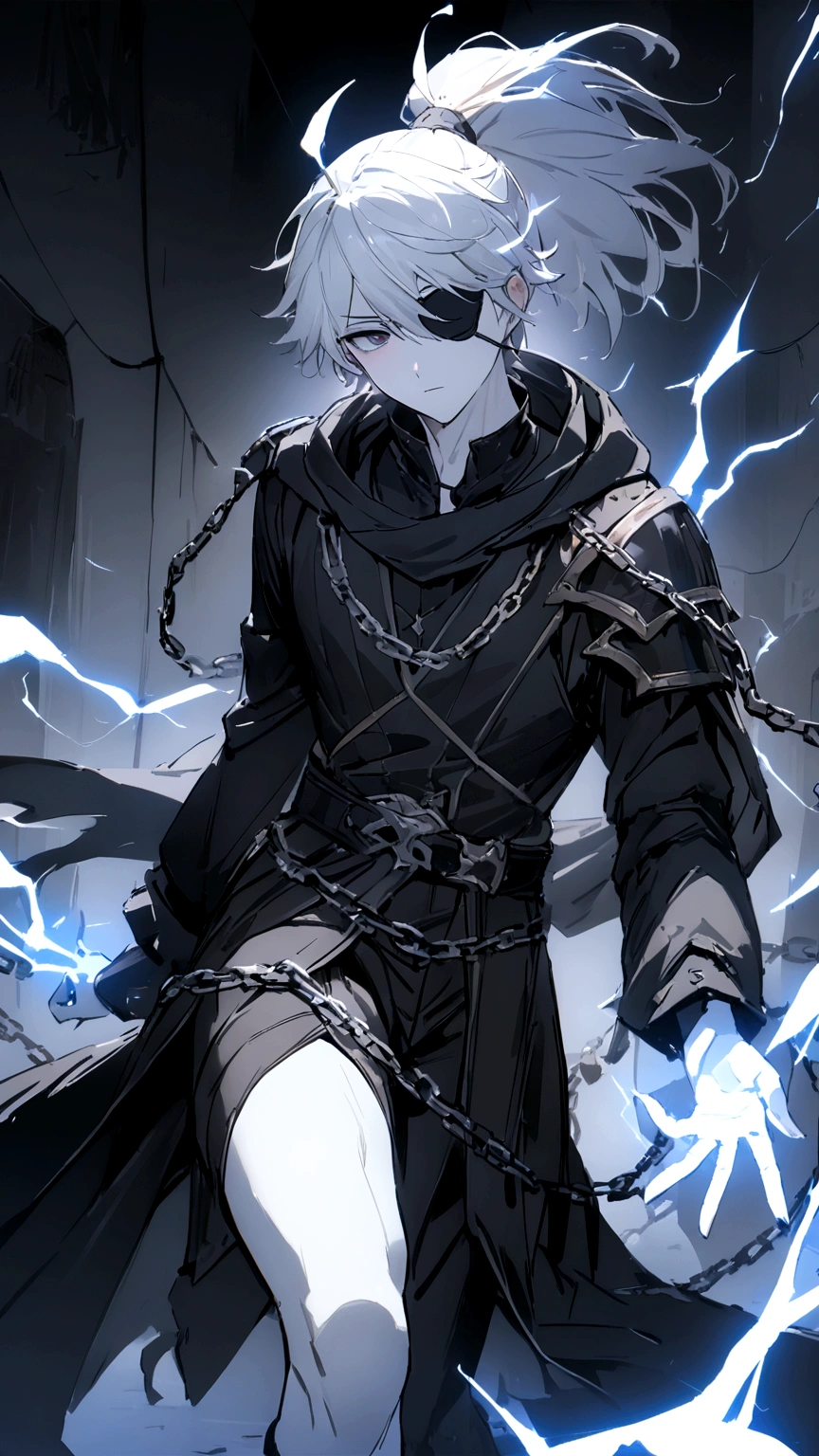 Anime character. A man, he was medieval. 27 years old, large body, cold gaze, cold expression, white skin, short and messy gray hair, ponytail, left eye patch, black clothes, black shirt, dark cape with hood, several chains. frontal camera. Walking under the red moonlight. White electricity emanating from his body, black electricity emanating from his left hand. Iris of the right eye glowing white. Thunderous white lightning. (best quality, 4k, 8k, high resolution, masterpiece: 1.2)